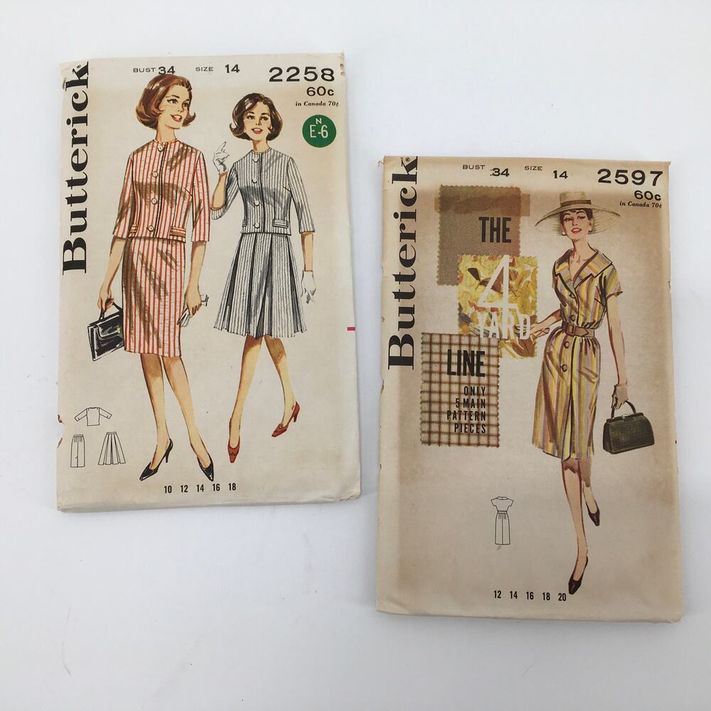 Butterick Sewing Pattern 2567 2258 Vintage MCM Mod Dress 14 Bust 34 UNCUT *LOT 2
